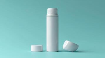 A minimalistic white tube and cap on a light blue background showcasing a simple design photo