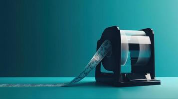 A black tape dispenser with a roll of white paper tape on a teal background photo