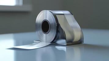 Silver tape dispenser with a roll of clear adhesive tape on a table in well-lit room photo