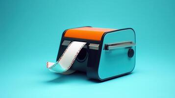 A vibrant retro film camera with a developing roll on a bright blue background photo