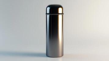 Stainless steel thermos standing upright on a light background, showcasing its sleek design and polished surface in an indoor setting photo