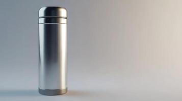 Stainless steel thermos bottle on a light gradient background photo