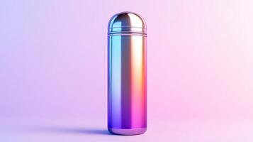 Colorful stainless steel water bottle with a reflective gradient against a pastel background photo