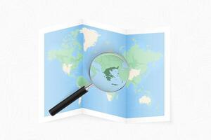Enlarge Greece with a magnifying glass on a folded map of the world. vector