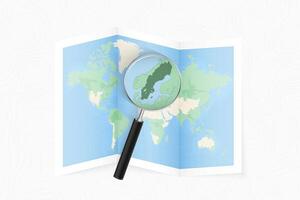 Enlarge Sweden with a magnifying glass on a folded map of the world. vector