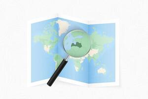 Enlarge Latvia with a magnifying glass on a folded map of the world. vector