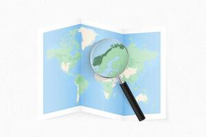 Enlarge Norway with a magnifying glass on a folded map of the world. vector