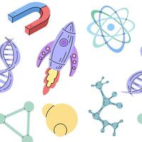 Flat style school Illustration. Atomic structure, molecule, magnet, rocket seamless pattern. Back to School. vector