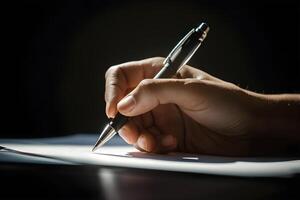 Hand holding pen poised to write on paper, dramatic, focused atmosphere photo