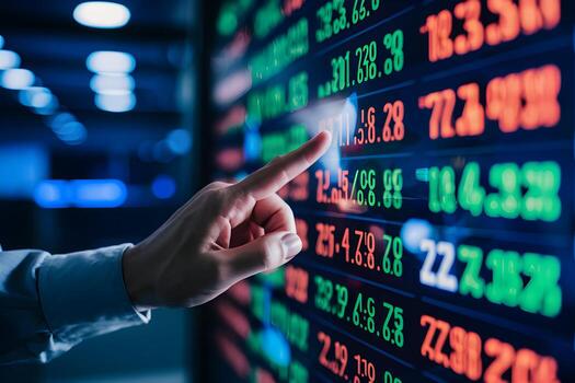 Stock market data on screen, hand pointing, dynamic financial environment photo