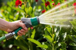 Hand with hose spraying water onto plants with red flowers photo