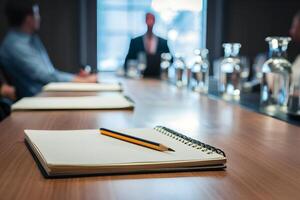 Conference room close up notepad and pencil with formal meeting setup in background photo
