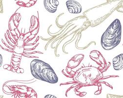 seamless pattern of sea animals and shell. illustration in sketch style vector