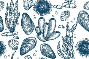 seamless pattern of seaweed and shells, illustration in sketch style. underwater life vector