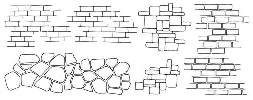 set of brick and stone wall textures, linear drawing in doodle style. vector