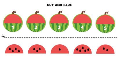 Cut and glue watermelon slices. Math game for kids. Counting to 10. vector