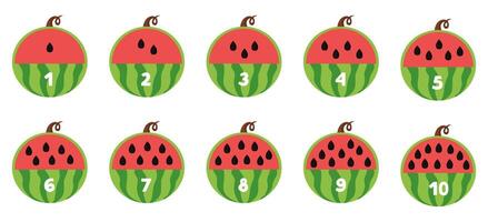 Counting game with watermelon halves. Math game for kids. Counting to 10. vector