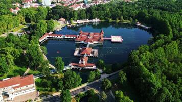 Aerial view of spa lake Heviz in Hungary in July 2024 video