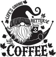 Gnome Relaxing in Hammock with Coffee and Life's Gnome Better with Coffee Text vector