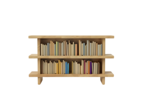 Wooden bookshelf with colorful books. Isolated on transparent background png