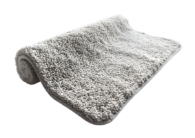 Rolled up fluffy gray bath mat. Isolated on transparent background png