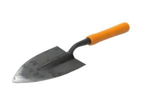 Close-up of a rusty garden trowel with a wooden handle. Isolated on transparent background png