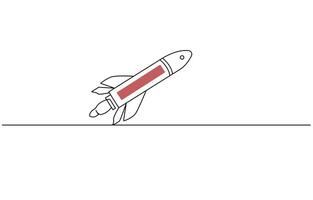 One continuous line drawing of simple retro spacecraft flying up to the outer space nebula vector
