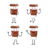 Coffee mascot character set, funny coffee cups with different facial expressions and poses. Funny colorful characters in doodle style vector