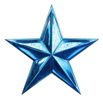 Bright blue five-pointed star decoration with shiny surface and distinct angles, cut out - stock . png