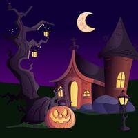 Happy halloween banner or party invitation background with violet fog clouds and pumpkins vector