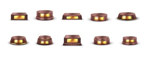 Empty podiums with mockup metal nameplates realistic illustration set. Classic displays items demonstration 3d models on white background vector