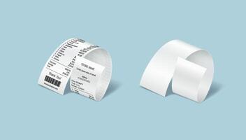 Paper bills reasonable outline set. Clear and filled receipts for buys in shop. Monetary reports 3d components on light blue vector