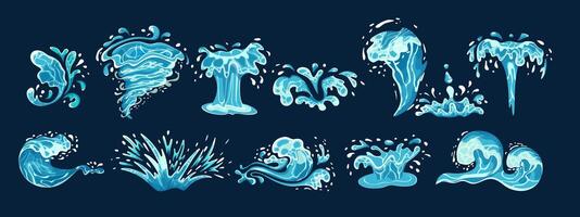 Water sprinkles shapes color symbol enormous set. Normal water streams. Streaming and sprinkling fluid outline pack on dull foundation vector