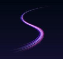 Purple neon lines in wave reasonable outline. Glossy movement path 3d component on dark foundation. Activity concept plan format vector