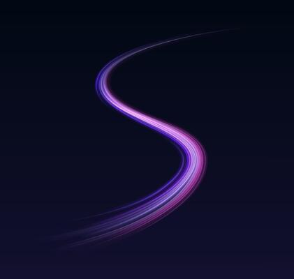 Purple neon lines in wave reasonable outline. Glossy movement path 3d component on dark foundation. Activity concept plan format