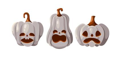 Pumpkins with scary carved faces objects flat color icon set. Halloween holiday celebration with jack o lanterns illustrations on white vector