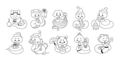 Kawaii snakes with different New Year accessories line cartoon set. Oriental horoscope reptiles highlight festive and symbolic significance on white background vector