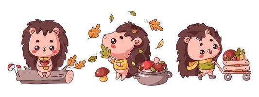 Little Kawaii hedgehog cubs in multiple scenarios flat color set. Engaging scenes feature adorable wild animals set on white background vector