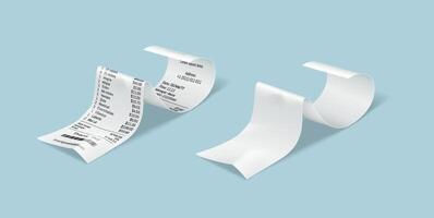 Paper bills practical outline set. Clear and filled receipts for buys in shop. Money related reports 3d components on light blue vector