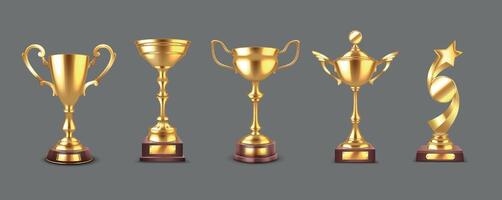 Prestige winner rewards on podiums realistic illustration set. Shiny glowing leaders trophies 3d models on grey background vector