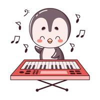 Kawaii penguin sits at synthesizer flat color illustration. Penguin plays energetic melody on synthesizer icon on white background vector
