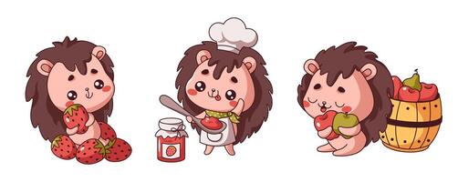 Range of illustrations showing Kawaii hedgehogs in actions. Flat color collection with whimsical moments of creatures on white background vector