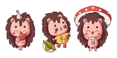 Little Kawaii hedgehogs engaging in activities flat color style. Icon set with adorable wild animals in different scenarios on white vector