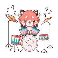 Kawaii fox creates rhythmic beat on drums flat illustration. Fox captivates audience with dynamic performance icon on white background vector