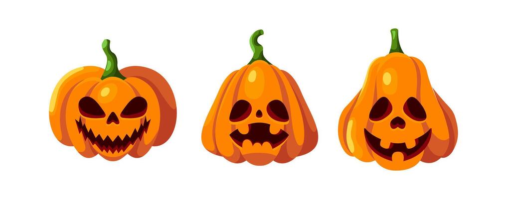 Evil orange Halloween pumpkins objects flat color icon set. Traditional spooky autumn holiday decor illustration pack on white background