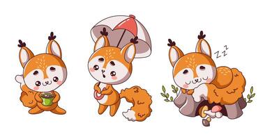 Kawaii squirrels set in various situations on white background. Flat color illustrations with wild rodents in different relaxing activities vector
