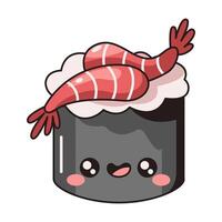 Kawaii sushi roll with shrimps color illustration. Smiling Japanese snack of rice and seafood character on white background vector