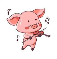 Charming piglet playing violin flat color illustration. Kawaii piglet joyfully creating melody with instrument on white background vector