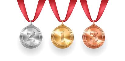 Sparkling winners medals on red ribbons realistic illustration. Athletic contest participants rewards 3d models on white background vector