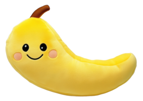 Cute yellow banana plush toy with a smiling face and rosy cheeks, cut out - stock . png